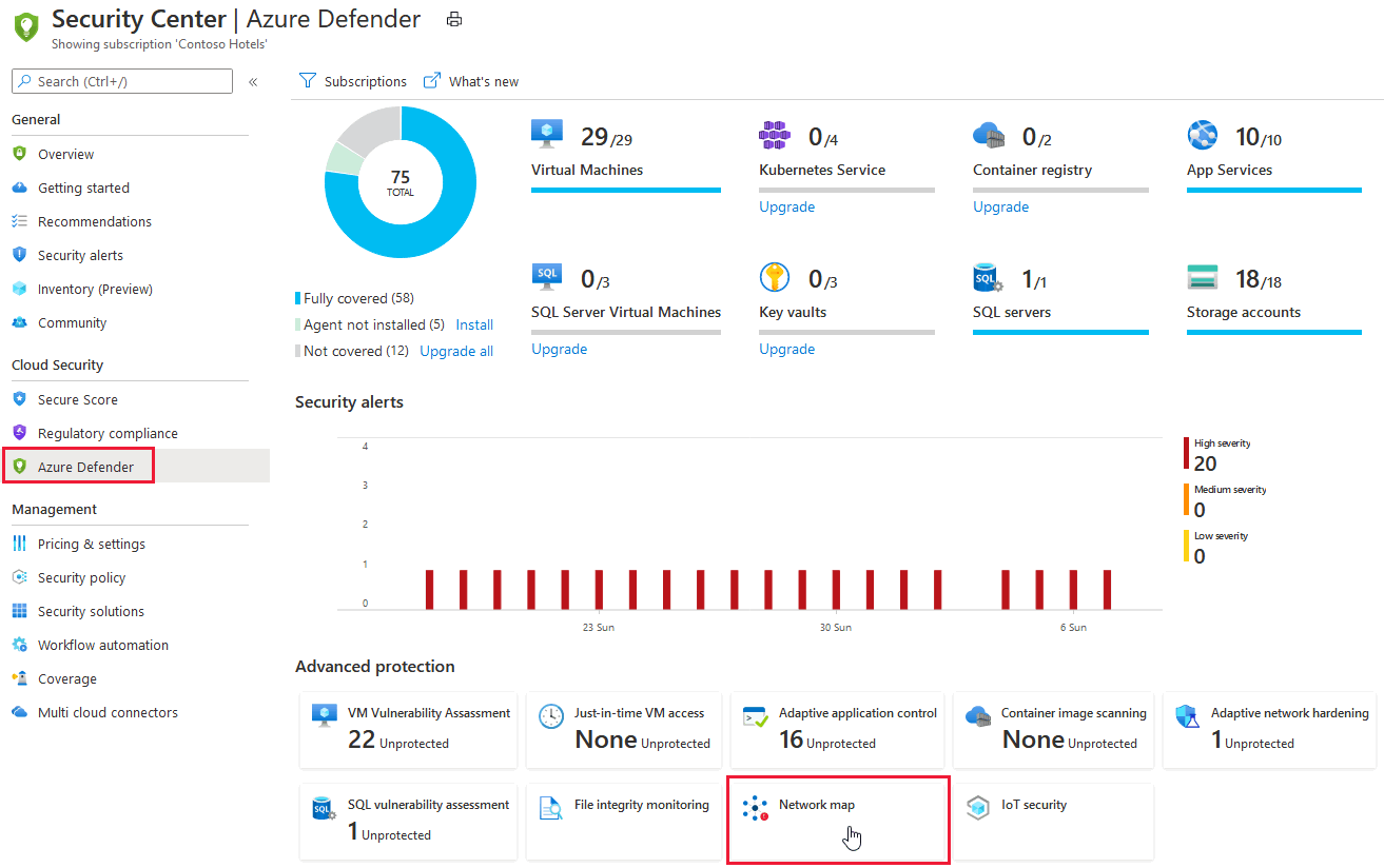 从 Azure Defender 仪表板打开网络映射