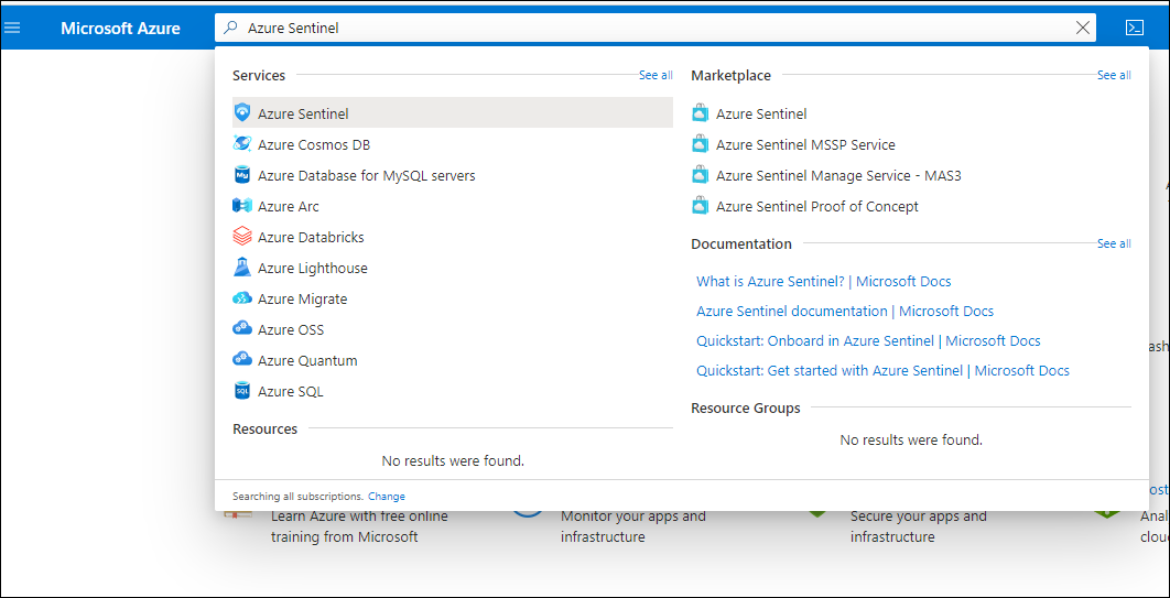 在 Azure 门户搜索术语 "Azure Sentinel"