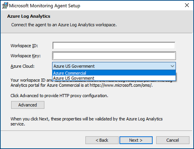 Log Analytics 用于将代理连接到 Azure Log Analytics 工作区的代理安装页